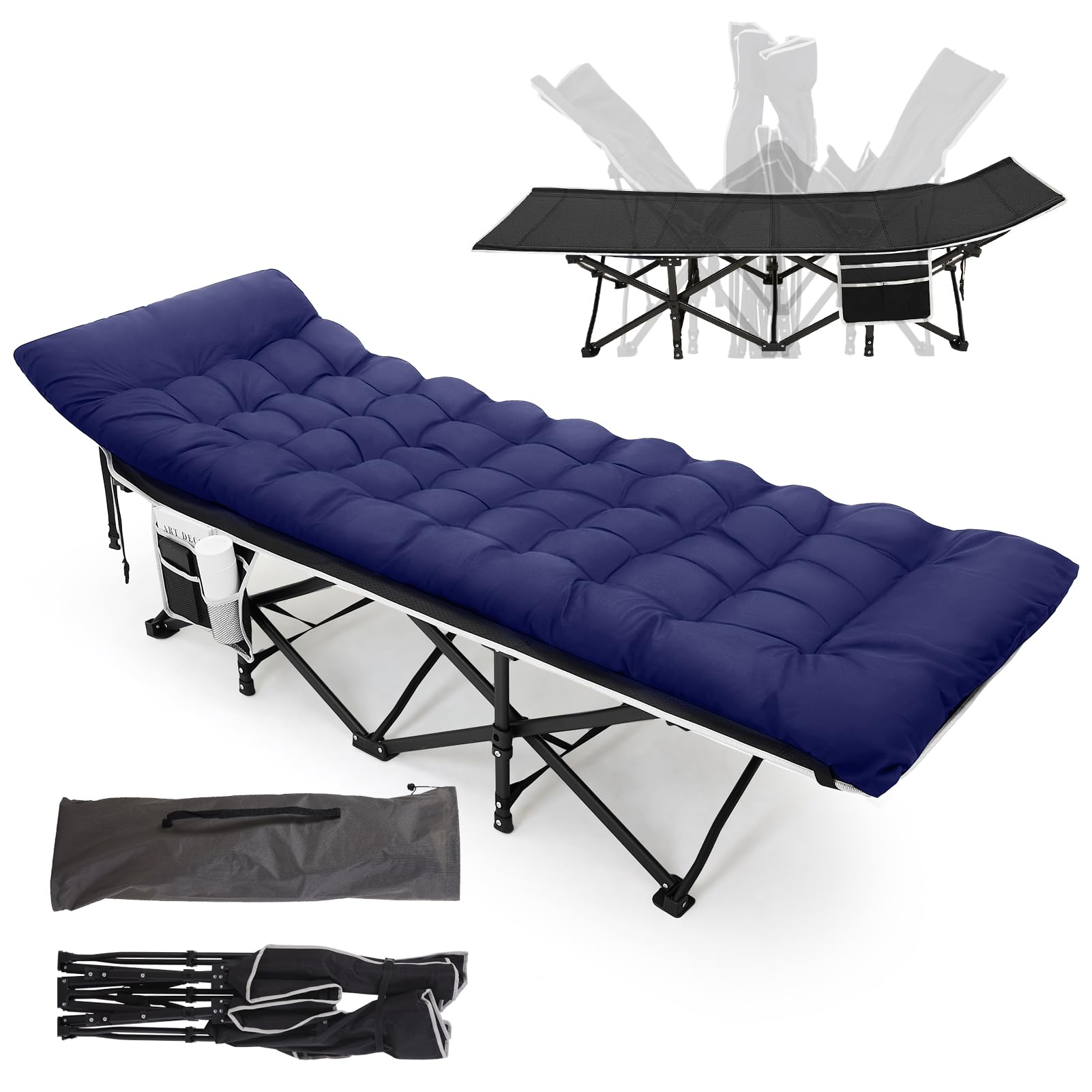 Warmiehomy Letto da campeggio con materasso, lettino da campo con cuscino per adulti, extra largo, pieghevole, XXL, pieghevole, con tasca laterale, portatile, pieghevole, per esterni, colore: blu
