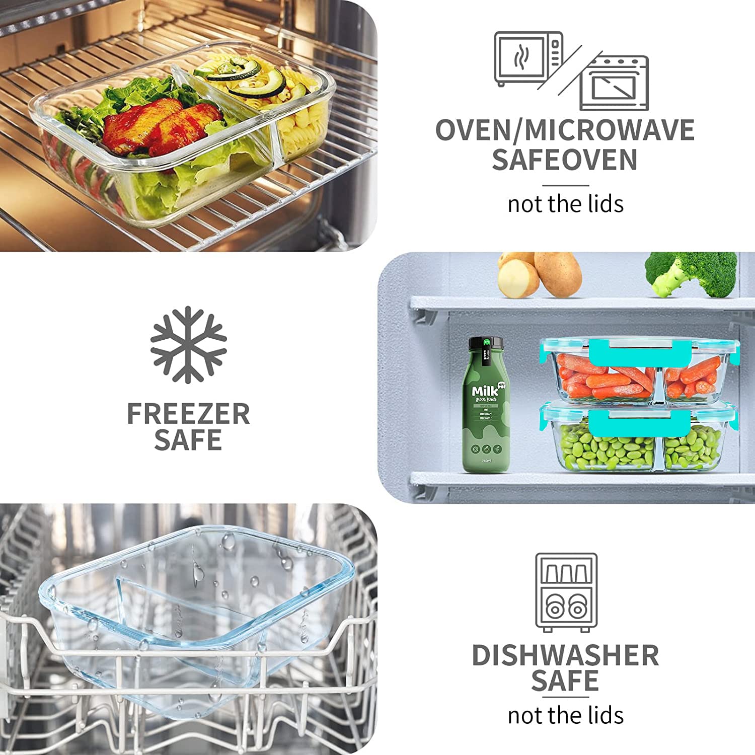 KOMUEE 10 Packs 30oz Glass Meal Prep Containers 2 Compartments,Glass Food Storage Containers with Lids,Airtight Glass Lunch Bento Boxes,BPA Free,Oven,Freezer and Dishwasher Safe, Green
