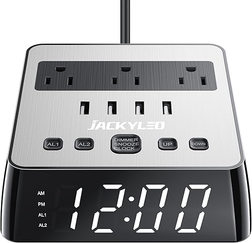 Miniatura 1 de JACKYLED Reloj despertador con cargador USB, tira de alimentación total de 4.8 A, puertos USB LED, pantalla completa, protector de sobretensiones,