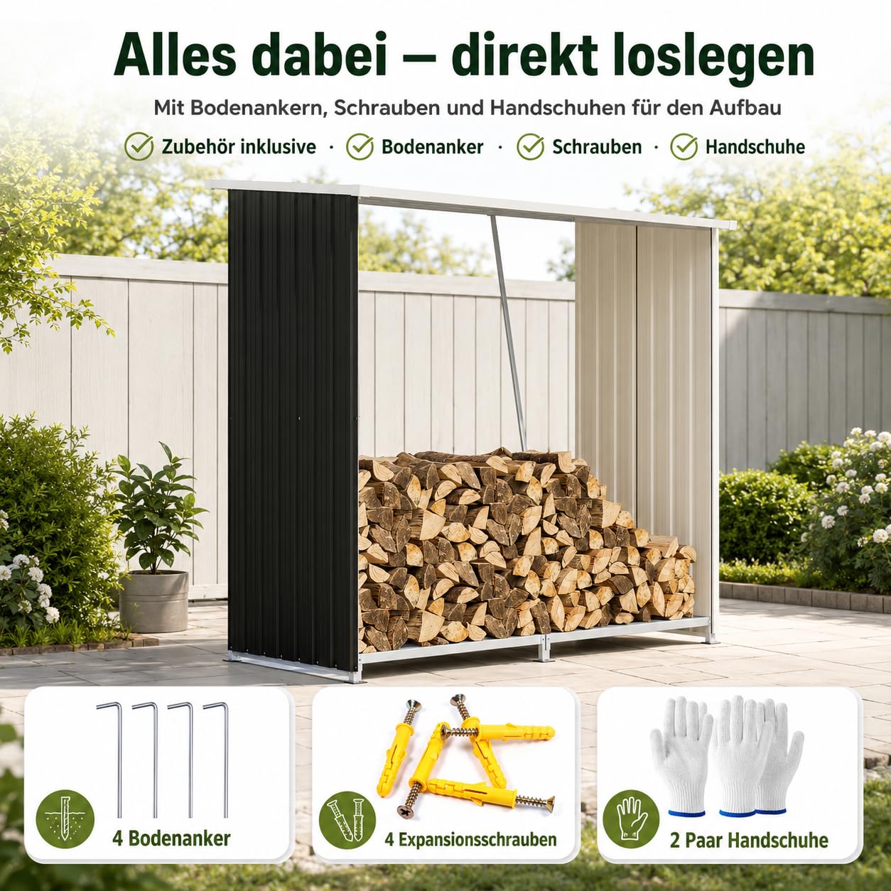 Brennholzunterstand Metall, wettergeeignetes Kaminholzregal mit Dach, erhöhtem Boden und offener Belüftung, Holzlager für Außenbereich