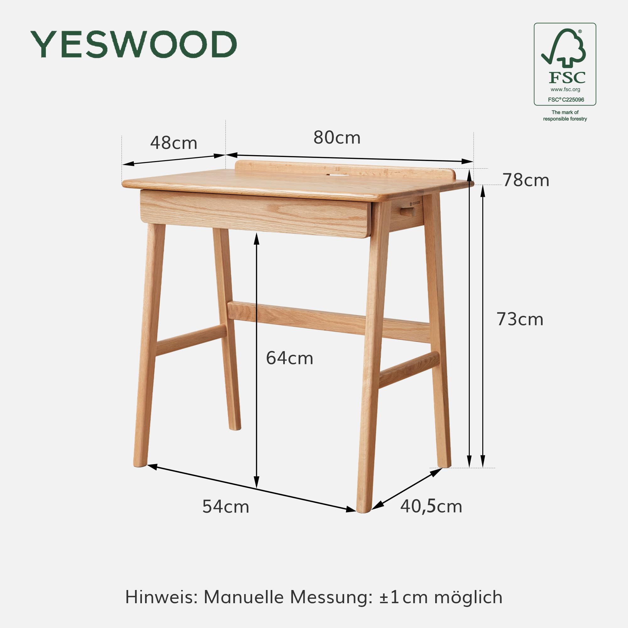 YESWOOD Kleiner Schreibtisch Massivholz mit schubladen,80X48X78CM