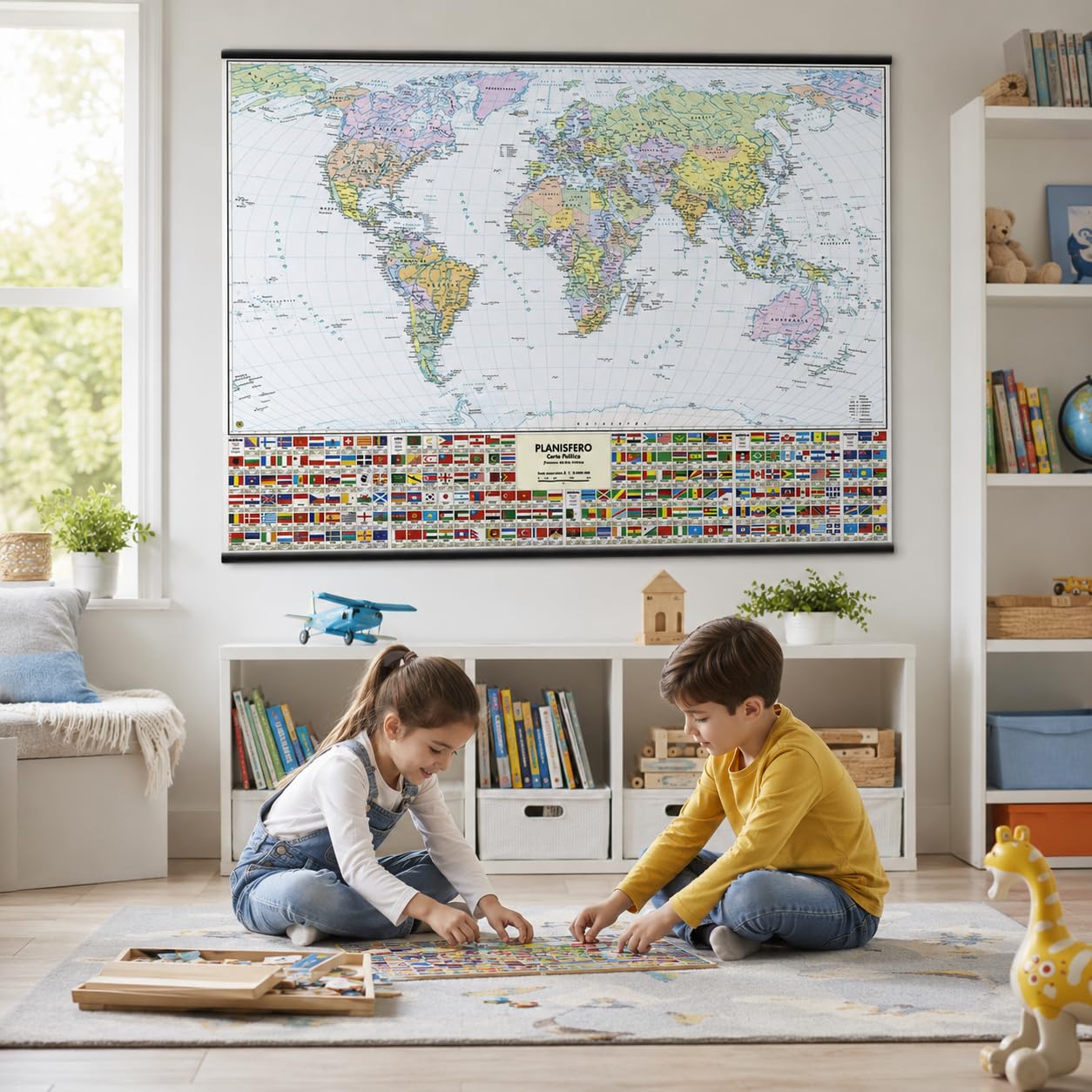 Belletti Carta Murale MONDO Scolastica con Bandiere 132x99 cm, Planisfero da Parete Bifacciale Fisico e Politico, Plastificata Antiriflesso con Aste in PVC