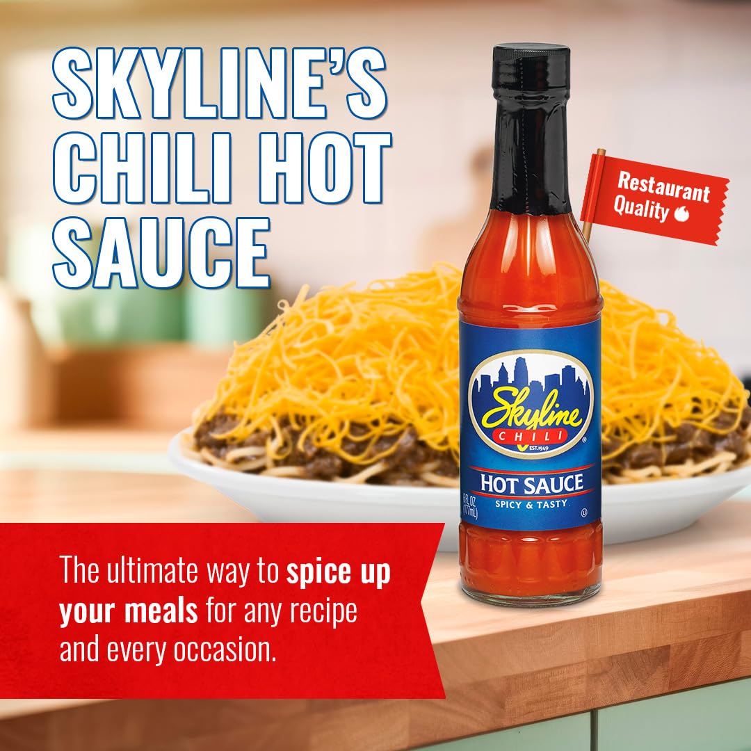 Skyline Chili Hot & Spicy Sauce – Authentic Cincinnati Restaurant-Style Secret Recipe with Tabasco, Cayenne, and Jalapeño Peppers, Gourmet Chili Sauce for Coneys & Spaghetti – 3 Bottles, 6 oz Each
