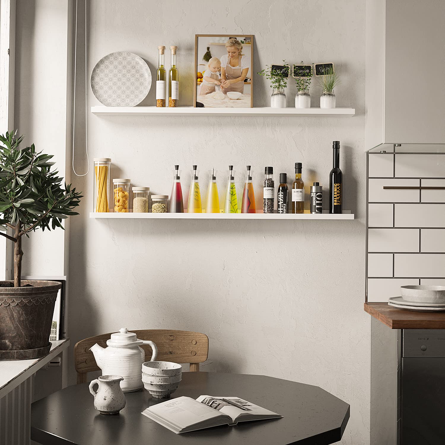 Mensola da parete Ledge, Denver moderna cornice per foto e lungo 116,8 cm bianco set di 2