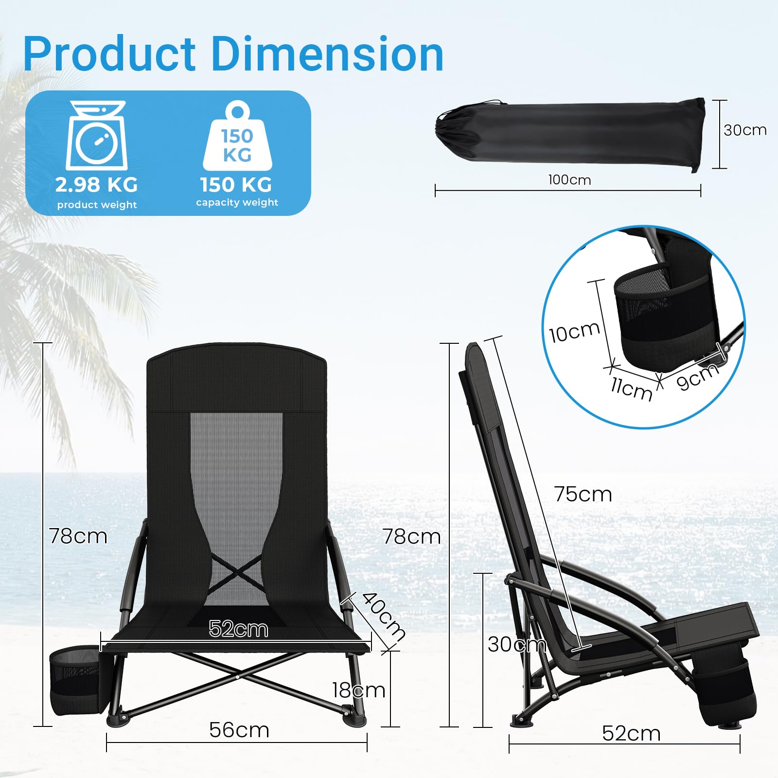 LIFERUN Chaise de plage pliable - 1 pièce - Dossier haut - Chaise de plage basse avec sac de transport - Porte-gobelet - Tissu en maille respirante - Pour l'extérieur, le camping, le concert de sable