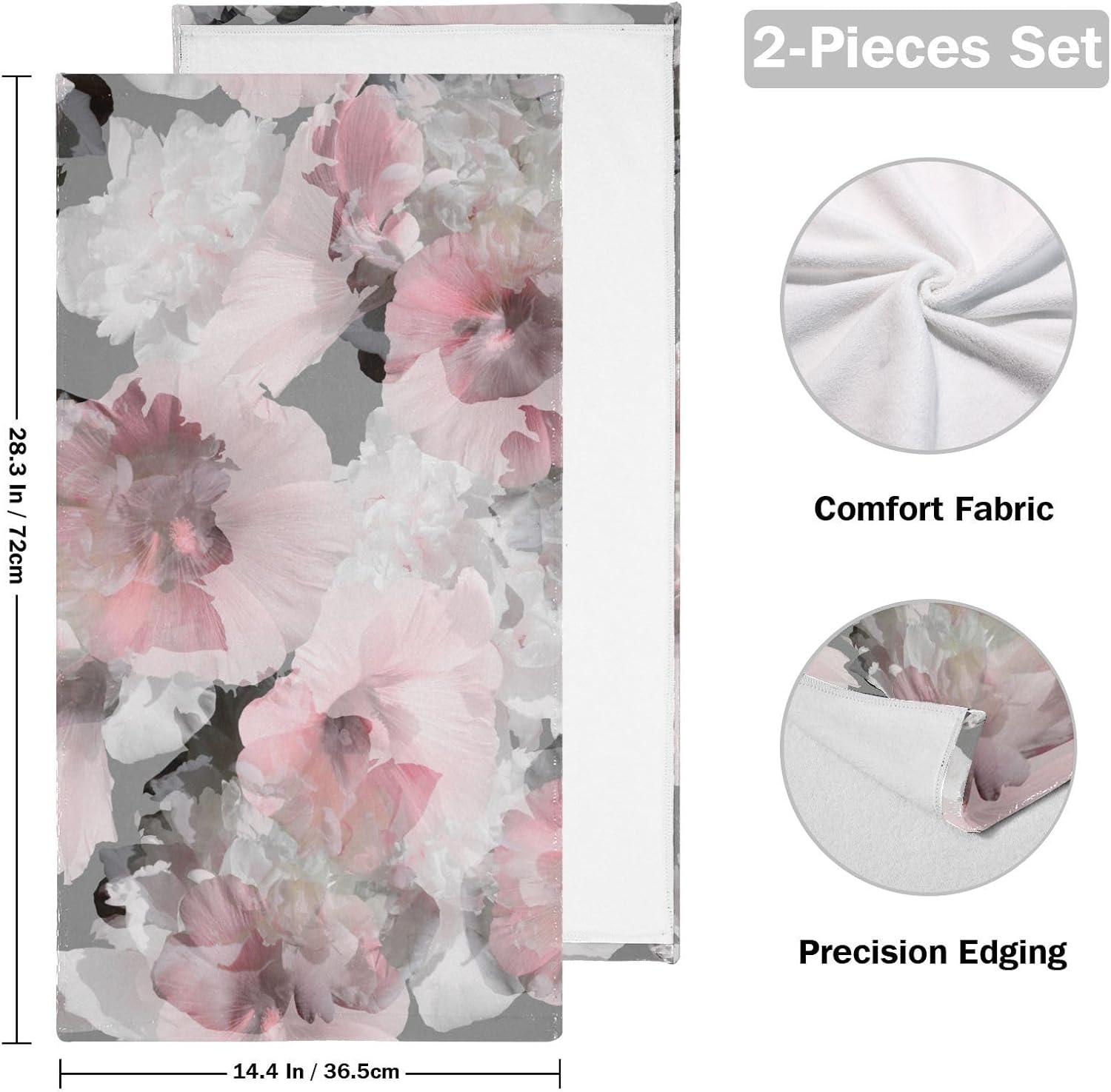 2 Pack Watercolor Pink Grey Floral Hand Towels for Bathroom,Soft Absorbent Spring Peony Blossom Gray Decorative Guest Face Bathroom Towels,Quick Dry Abstract Flower Kitchen Towels 14"x28" - Image 2