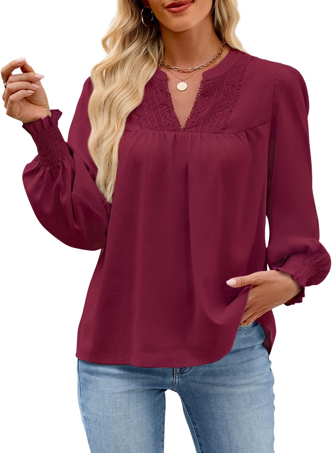 HEYTALALA Women's Puff Long Sleeve Shirts 2025 Fall Tops V Neck Casual Boho Work Blouses Dressy T Shirts - Image 2
