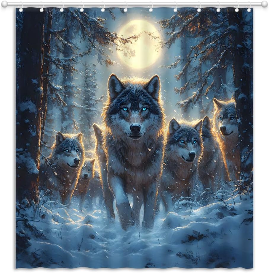 Wolf Shower Curtain Country Rustic Forest Wild Animals Powerful Wildlife Boys Men Teens Fabric Bathroom Decor Curtain with Hooks, 70Wx78H