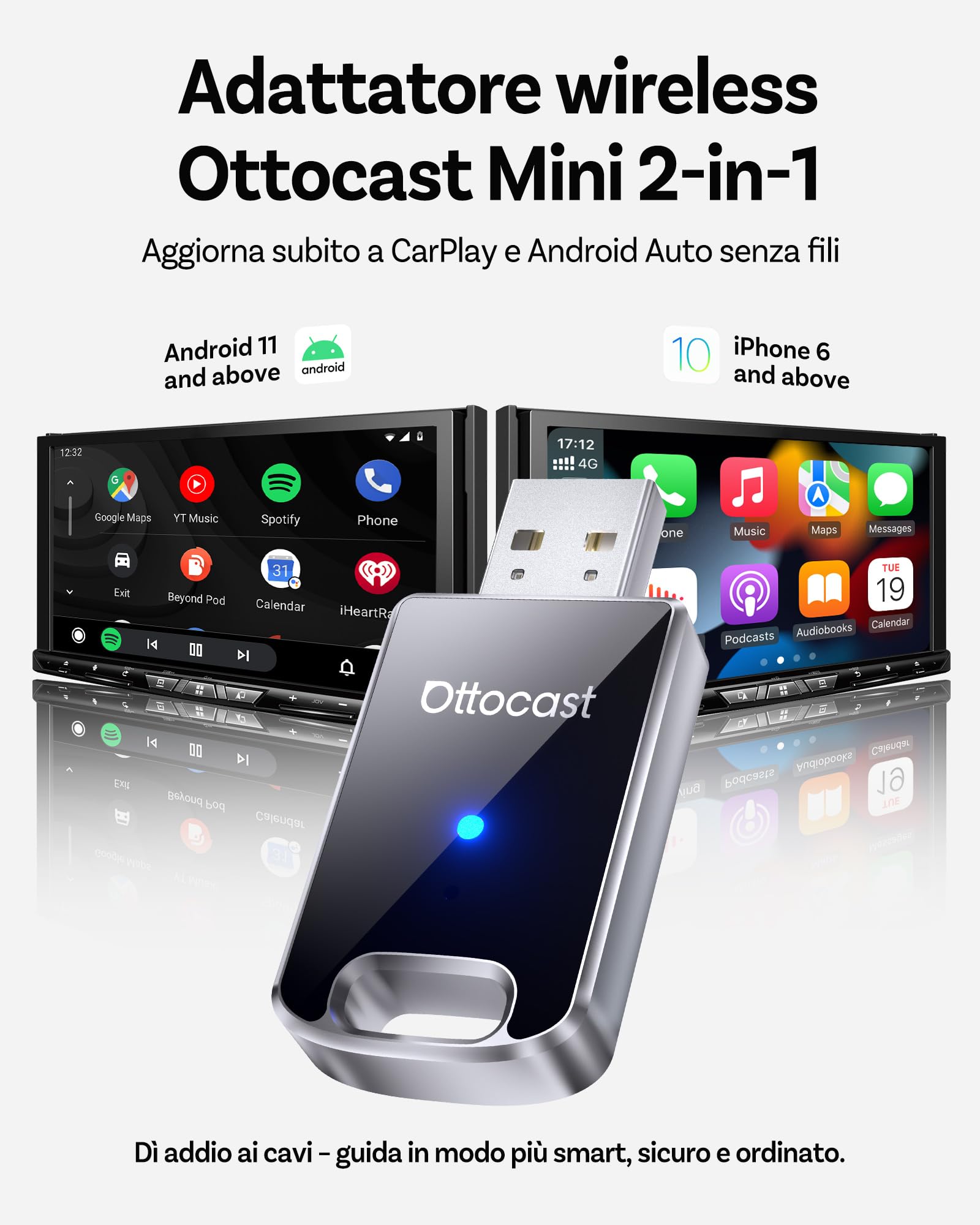 OTTOCAST Mini Adattatore Carplay Wireless, Ultima Versione 2026, 2 in 1 Converte CarPlay/Android Auto da cablato a wireless, Plug-&-Play, design compatto in metallo, riconnessione automatica