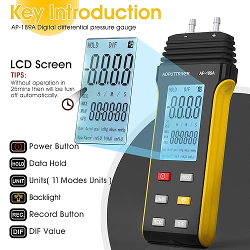 Miniatura 3 de Medidor de presión de aire, manómetro HVAC de doble puerto manómetro  13.79Kpa2.000Psi 0.3% Manómetro digital con 11 unidades seleccionables,
