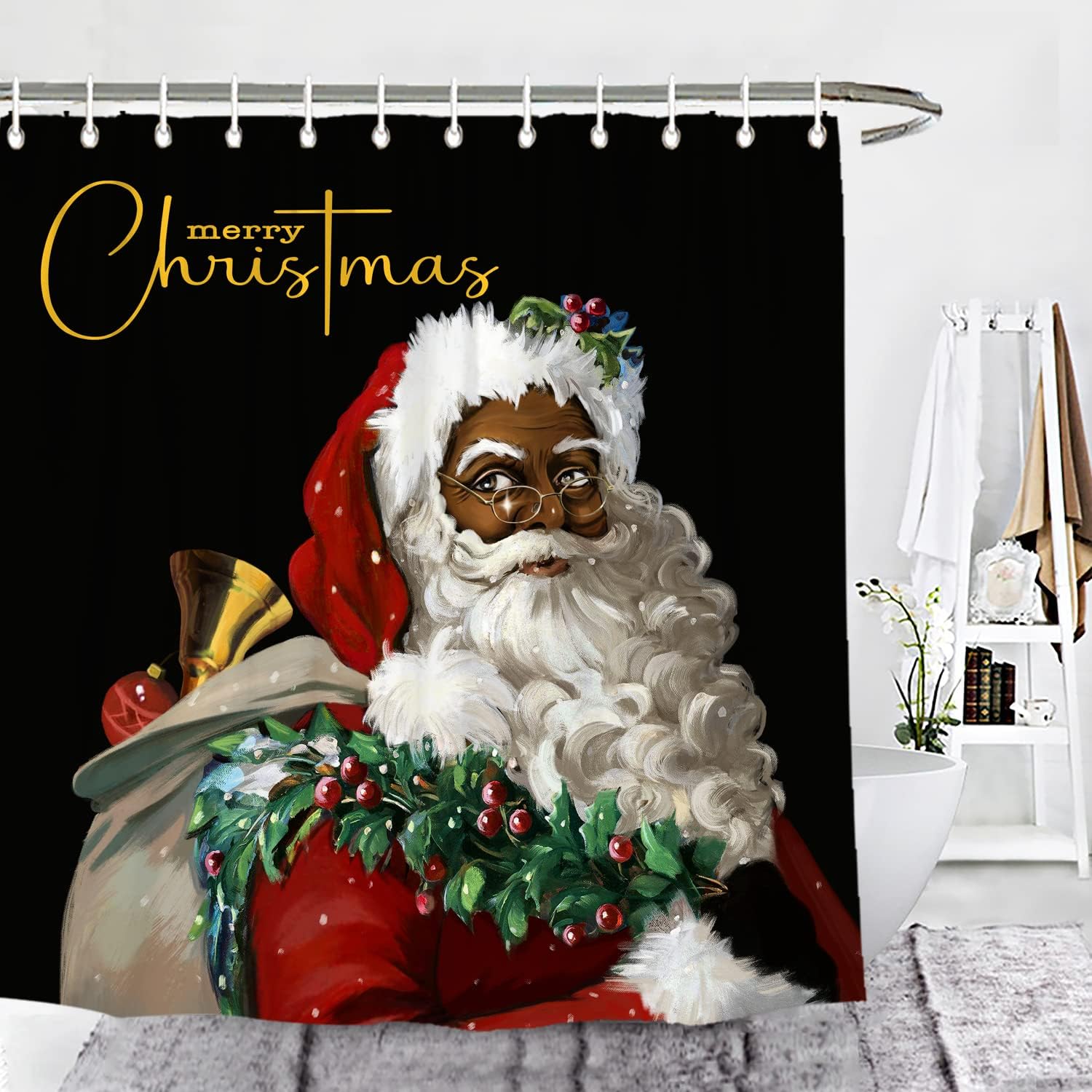 Wencal Black Santa Claus Christmas Shower Curtain Merry