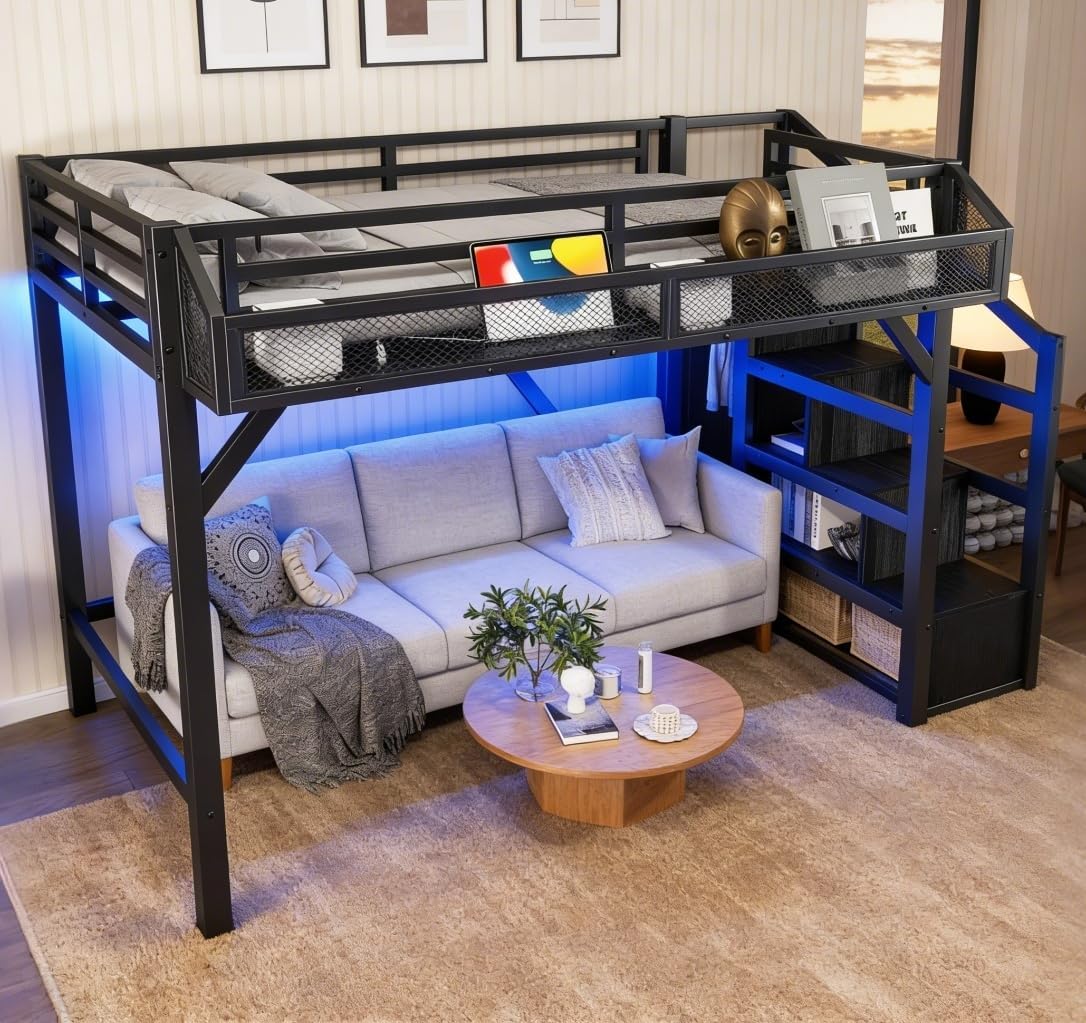 Bellemave Twin XL Size Loft Bed with Storage Stairs, Shelves and Wardrobe, Twin XL Metal Loft Bed Frame with USB Ports and LED Lights, Noise-Free& Space-Saving, for Adults,Teens,Boys,Girls, Black