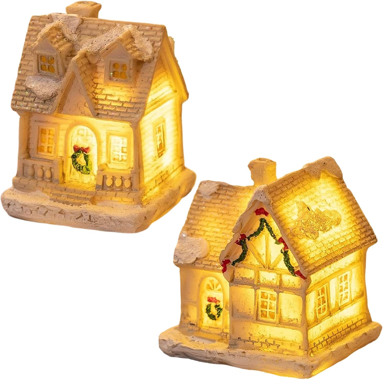 2Pcs Christmas Village Houses Light Up Resin Farmhouse Christmas Village for Xmas Town Scene Desktop Ornament Holiday Home Decor