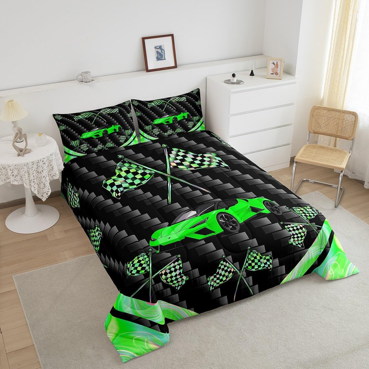 jejeloiu Green Race Car Bedding Set Twin Size Extreme Sports Comforter Set for Kids Teens Adult Fast and Furious Duvet Set Dazzling Flag Quilt Set 2Pcs