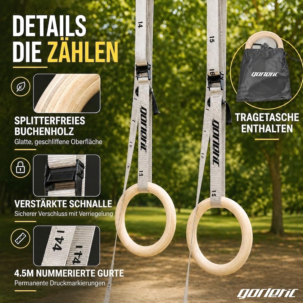 Gorletic Gymnastikringe, dickes Holz, 28 mm und 32 mm, verstärkter Gurt mit 4,5 m Markierung