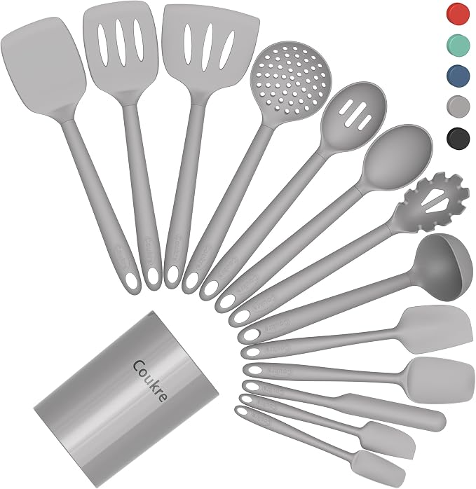 Silicone Kitchen Cooking Utensils Set with Holder – Heat-Resistant, Food-Grade Kitchen Tools, Spatula, Spoon & Gadgets for Non-Stick Pans, Dishwasher Safe (14, PureGray)