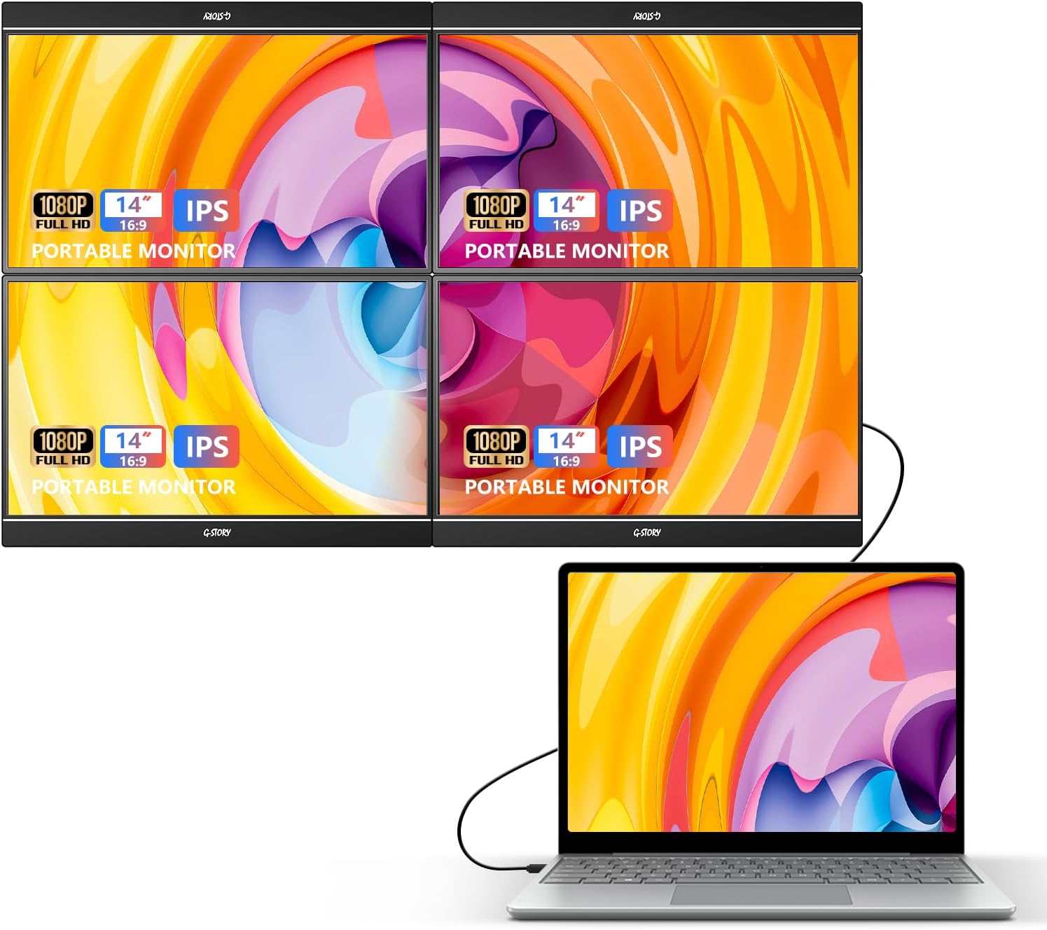 G-STORY Quad Monitor for Laptop 14 Inch, 1080P Full HD Screen Extender for Laptops Compatible with Windows/Mac (Driver Required), One Type-C Cable for Four Displays (Stand Not Included)