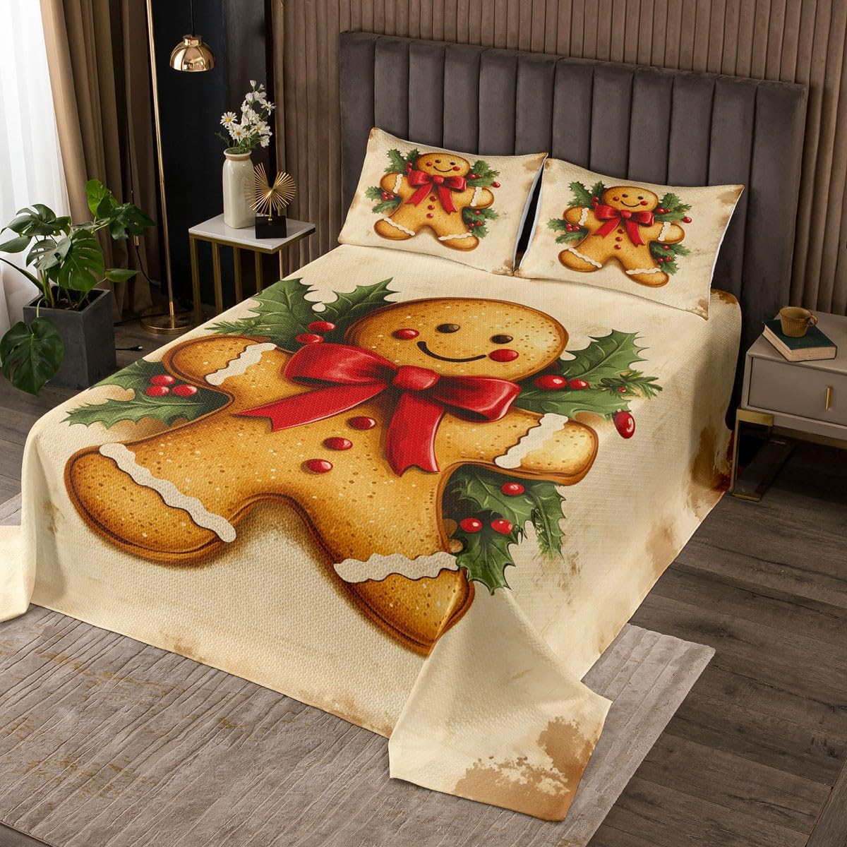 Cartoon Gingerbread King Coverlet Set Christmas Leaves Red Bowknot Kawaii Quilted 3 Pcs with 2 Pillow Shams Western Xmas Gifts Vintage Brown Bedding Quilt for Decor,Microfiber Breathable