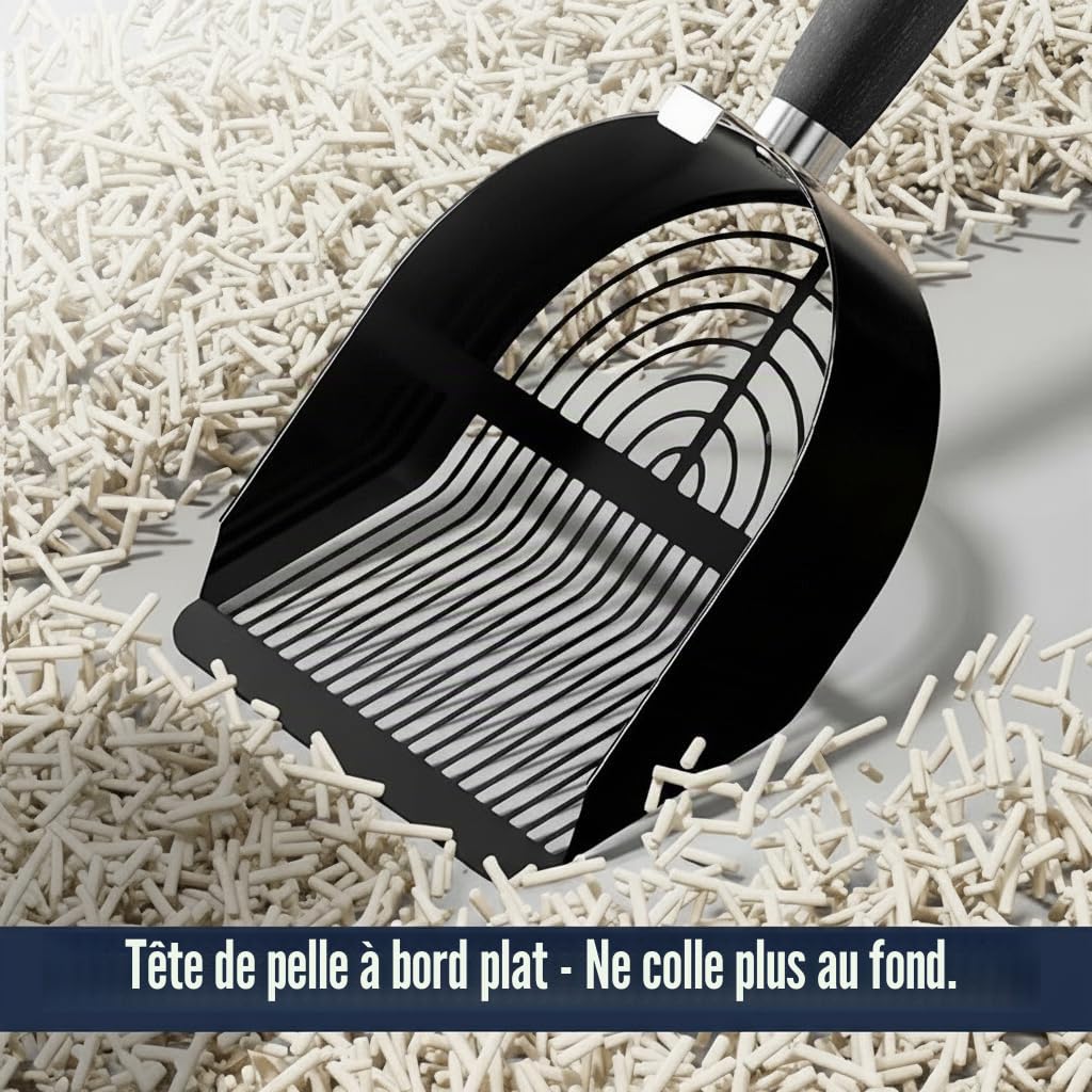 Pelle à Litière pour Chat en Métal avec Support, Set Pelle Litière Double Format, Panier de Rangement en Maille avec Distributeur de Sacs Caché, 3 Rouleaux Inclus, Facile à Nettoyer, Noir Antirouille