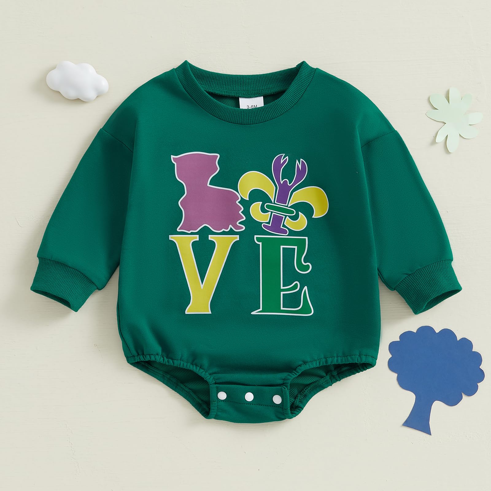Muspeczenith Infant Baby Girl Boy Mardi Gras Outfit Letter Embroidered Long Sleeve Bubble Romper Sweatshirt Fall Clothes (Turquoise, 3-6 Months)