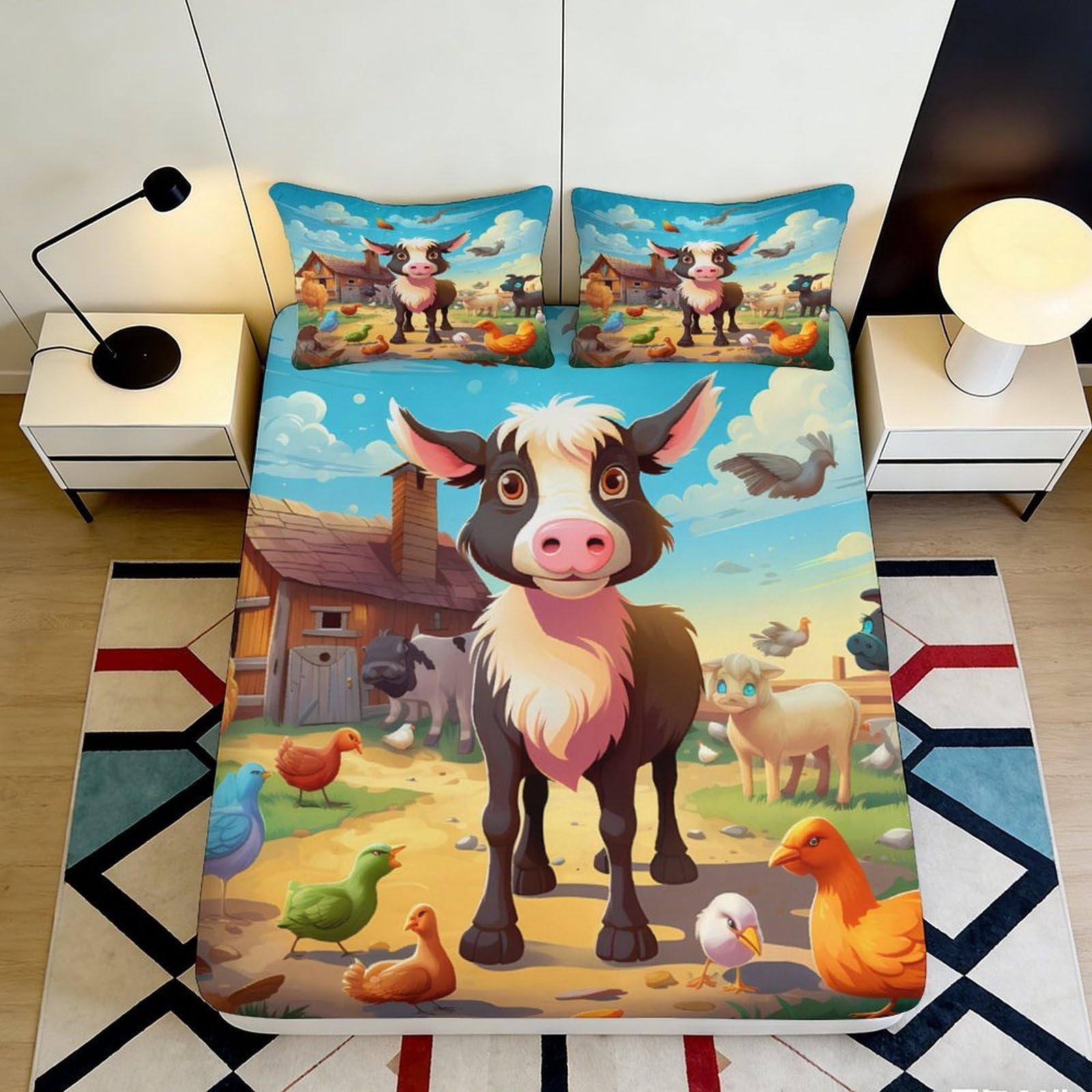 3D Printed Farm Animal Fitted Sheet Microfiber Soft Anti-Slip Cartoon Cow Bed Cover for Bedroom Guest Room Dorm Decor 140x200x25cm