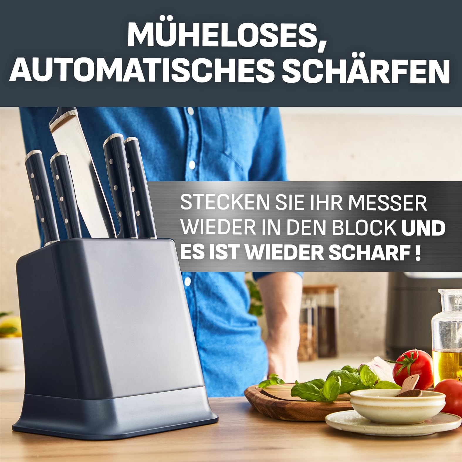 Tefal EverSharp Pro 6-teiliger Messerblock, patentierte Schärftechnologie, selbstschärfend, Verriegelungssystem, deutscher rostfreier Edelstahl, für Gemüse, Fleisch & Brot, Blau, K297S744