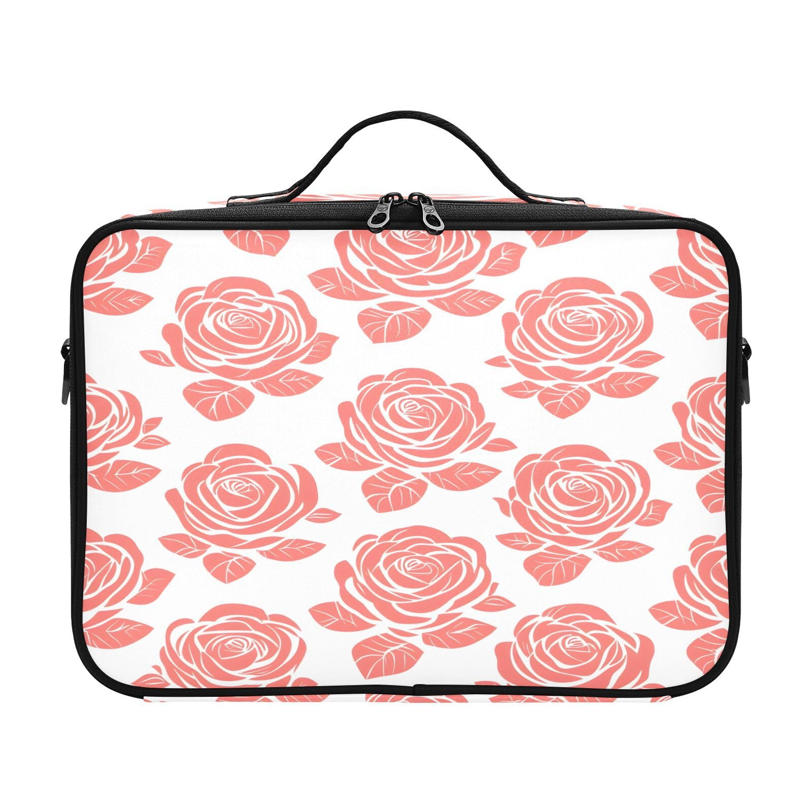 zyrtty Travel Makeup Train Case Coral Rose Flower Pattern Cosmetic Organizer Portable Storage Bag with Adjustable Dividers for Cosmetics Brushes Toiletry Jewelry Digital Accessories