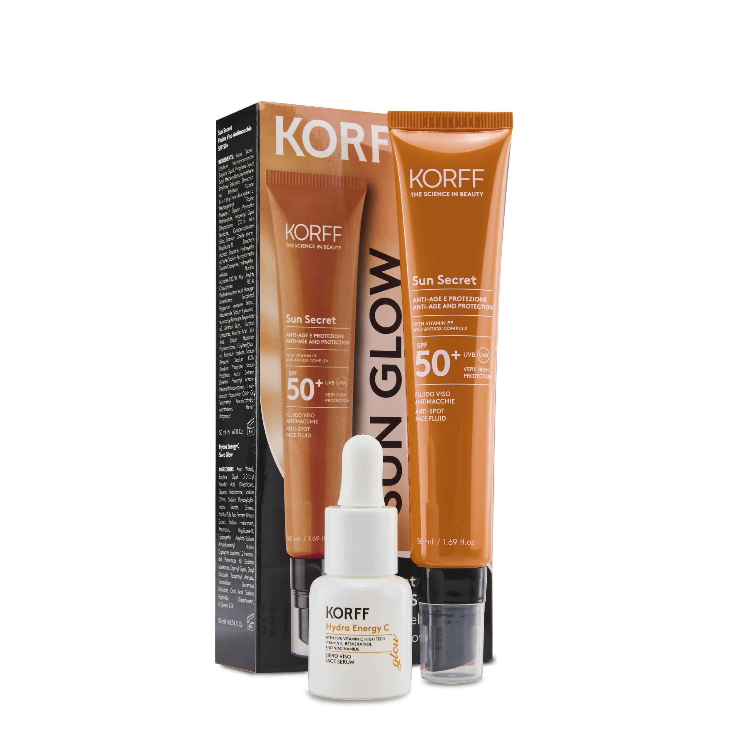 Korff Kit Sun Glow, Siero Viso Antiossidante con Vitamina C e Fluido Solare Viso Antimacchie SPF 50+, Effetto Illuminante, Routine Viso Protezione