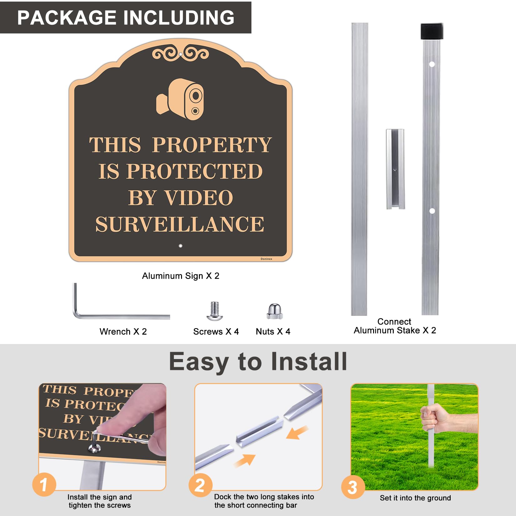 Paquete de 2 letreros grandes de seguridad para el hogar, protegidos por videovigilancia, con estaca, reflectante, aluminio, metal, resistente a la intemperie, impermeable, resistente a la