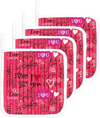 4 Packs Romantic Love Word Pot Holders Sets for Kitchen,Oven Pan Plate Bowl Pads Heat Proof Mat with Hanging Loop,Thick Terry Cloth Potholders Soft