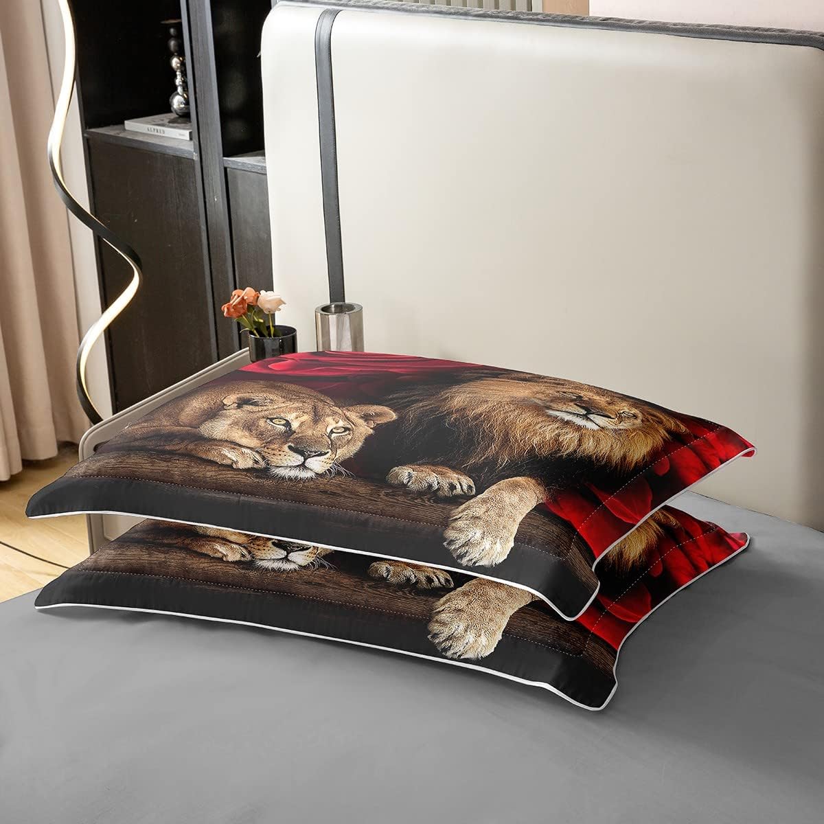 Juego de cama de algodón de 240 x 260 cm, funda nórdica de león rosa, juego de cama con estampado floral de animales, ropa de cama con temática de naturaleza, para niños jóvenes adultos, ultra suave