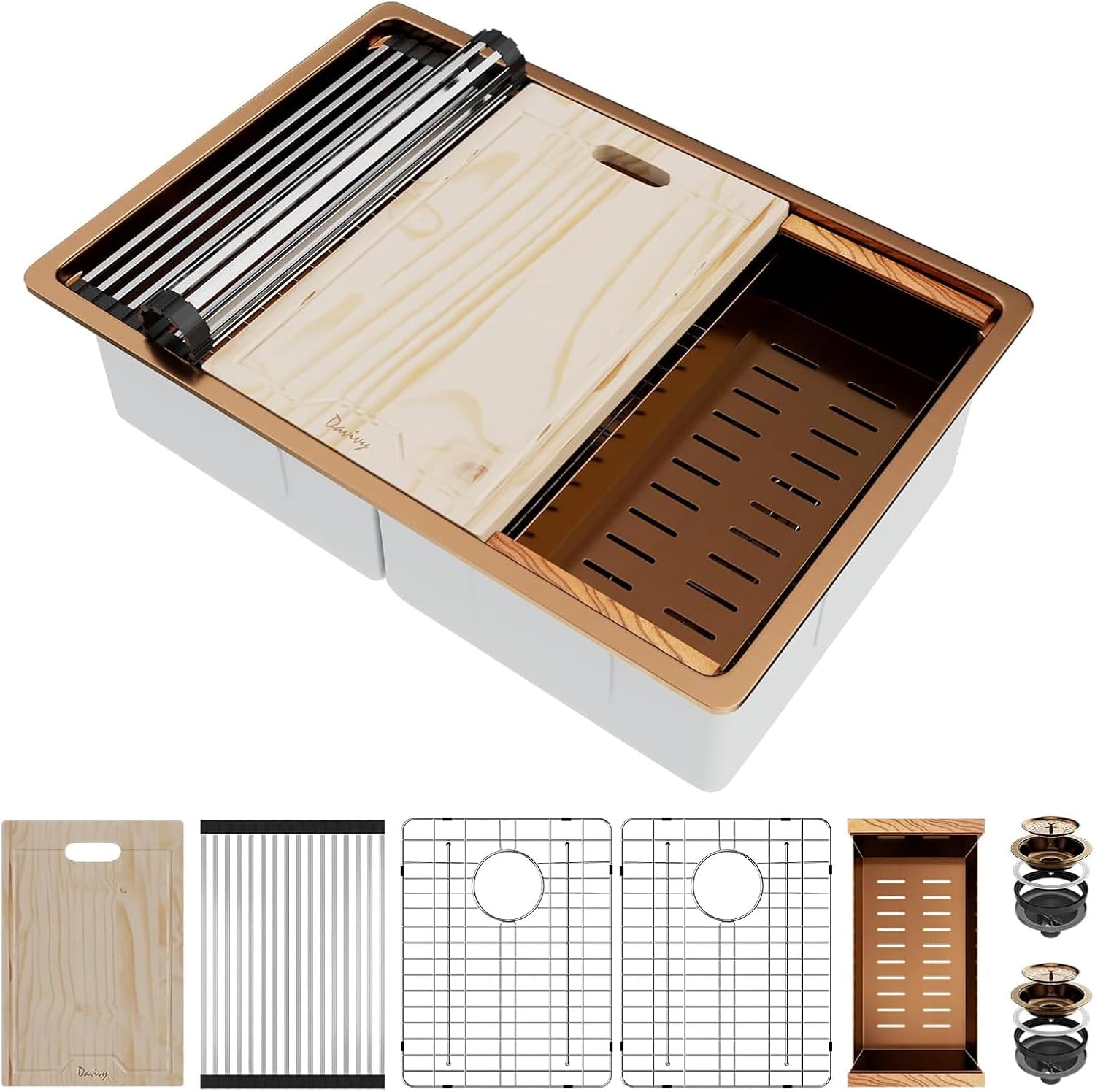 Davivy 32 Inch Kitchen Sink, 32x22 Inch Double Bowl Undermount Workstation Sink with Single Track, 16 Gauge Rose Gold Stainless Steel Work Station Kitchen Sink with Multiple Accessories