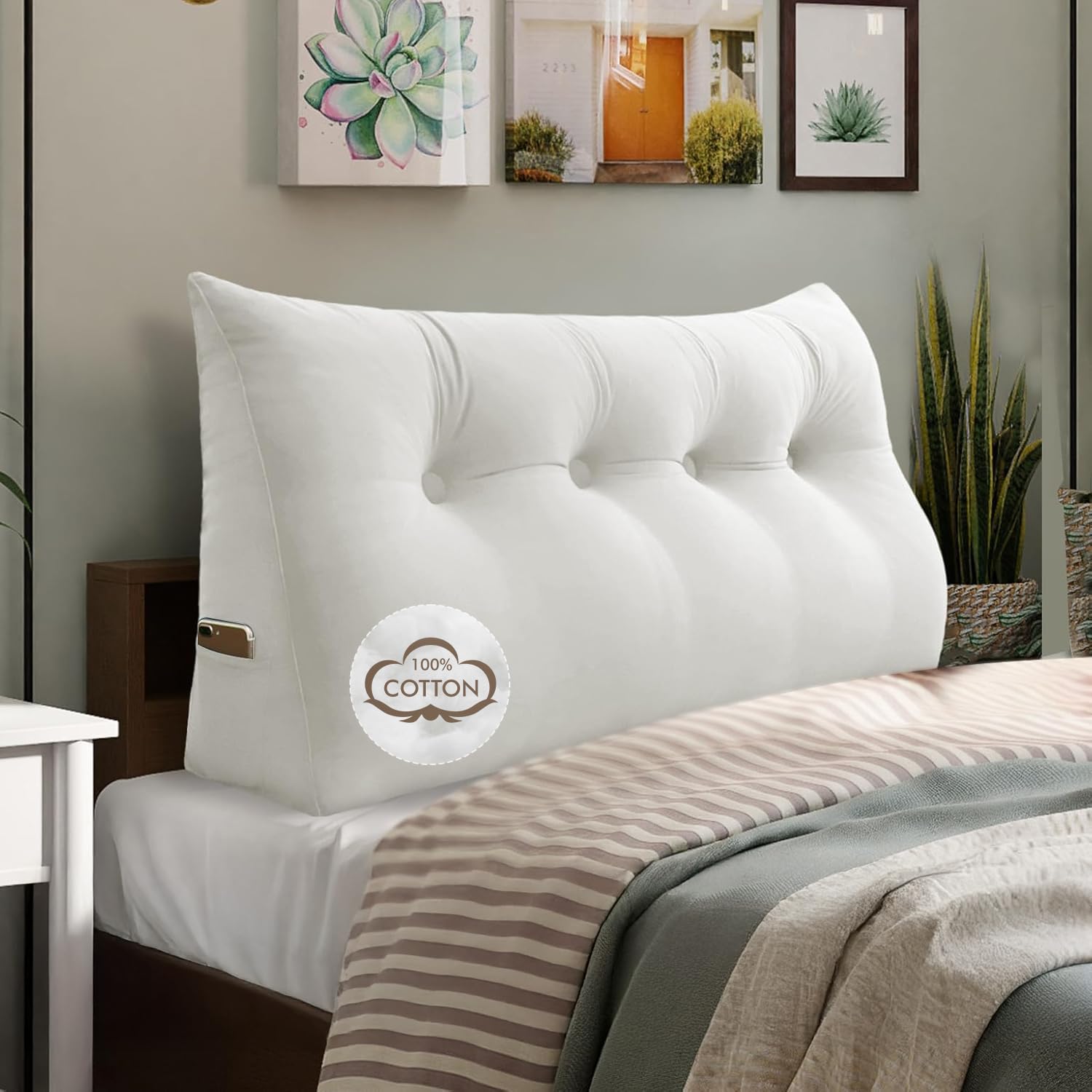 WOWMAX 100% Cotton Velvet Headboard Pillow – King Size Wedge Back Support Reading Bolster for Bed & Daybed, Handmade Firm Support Cushion with Removable Cover, Soft Luxury Bed Rest Pillow, White