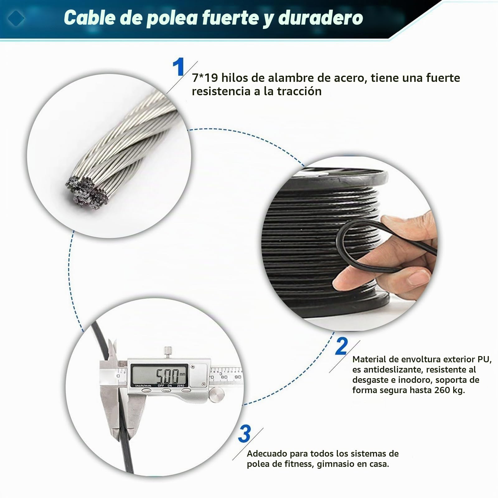 Cable de Acero para Fitness 10m 15m 20m 25m, Cuerda de Alambre, 5mm Cuerda Gimnasio Alambre para Sistema de Polea, Cables Máquina Accesorios Gym en Casa