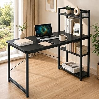 Escritorio Minimalista con Repisa de 4 Estantes,Escritorio para Computadora | Escritorios Gamer Minimalista Moderno,Mesa de Trabajo Madera,Estable y Robusto,Ideal para Oficina,Hogar,Dormitorio (Negro)