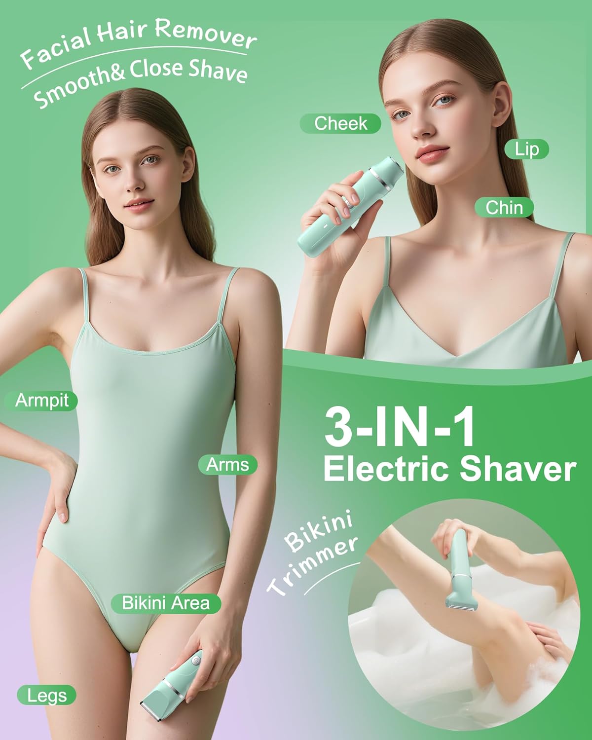AREYZIN Bikini Trimmer for Women, 3-in-1 Electric Shaver for Women, Electric Razors and Body Shaver, IPX7 Waterproof, USB-C Charging, Travel Trimmer for Face, Legs, Bikini Line & Foil, Light Green
