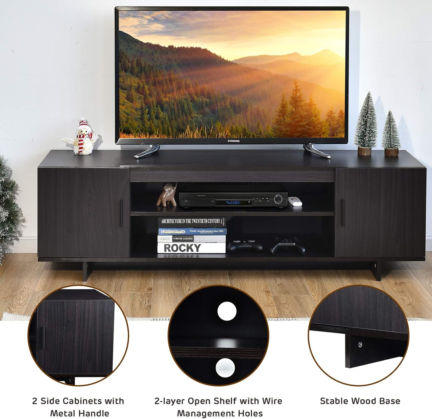 Close-up of Tangkula TV Stand features: metal handle, cable management holes, stable wood base