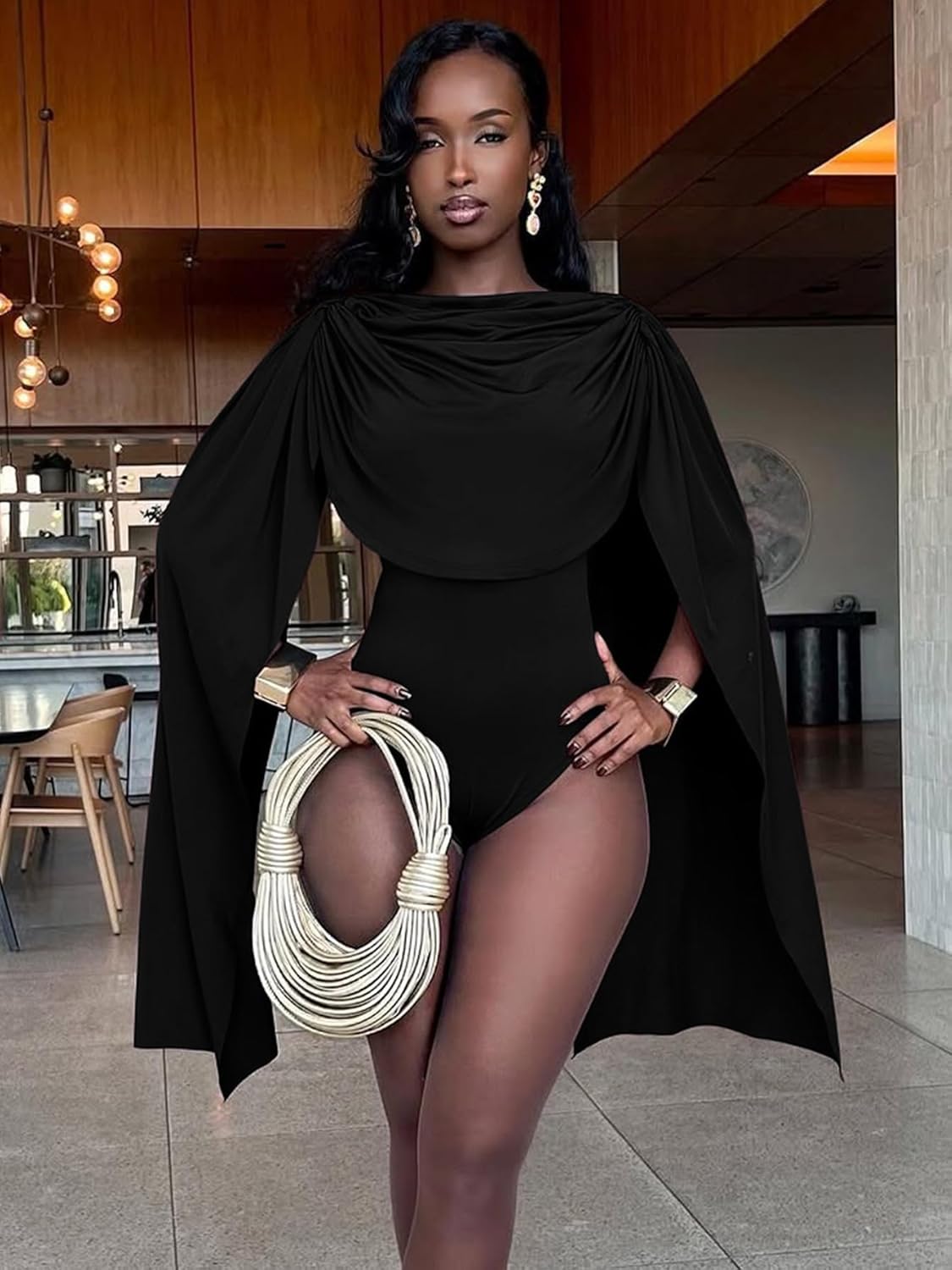 THLAI Sexy Jumpsuits for Women Cape Long Sleeve Bodysuit Top One Piece Club Night Out Outfits Bodycon Romper - Image 3