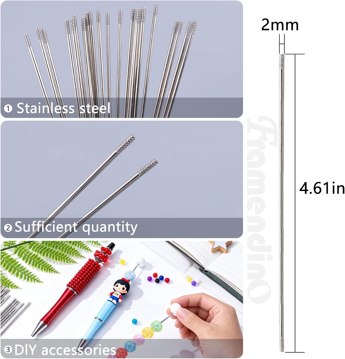 Framendino, 50 Pack Metal Beadable Pen Rods Thin Wire Charms for Replacement Bars Keychain 117 mm image 2