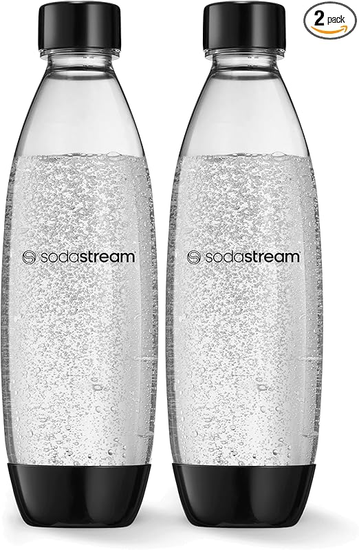 SodaStream Bottle 2 Pack, BPA Free Fizzy Water Bottles for Spirit, Terra, Art & Source Sparkling Water Makers, Dishwasher Safe Reusable Water Bottle for SodaStream Flavours - 2x 1L Water Bottle, Black