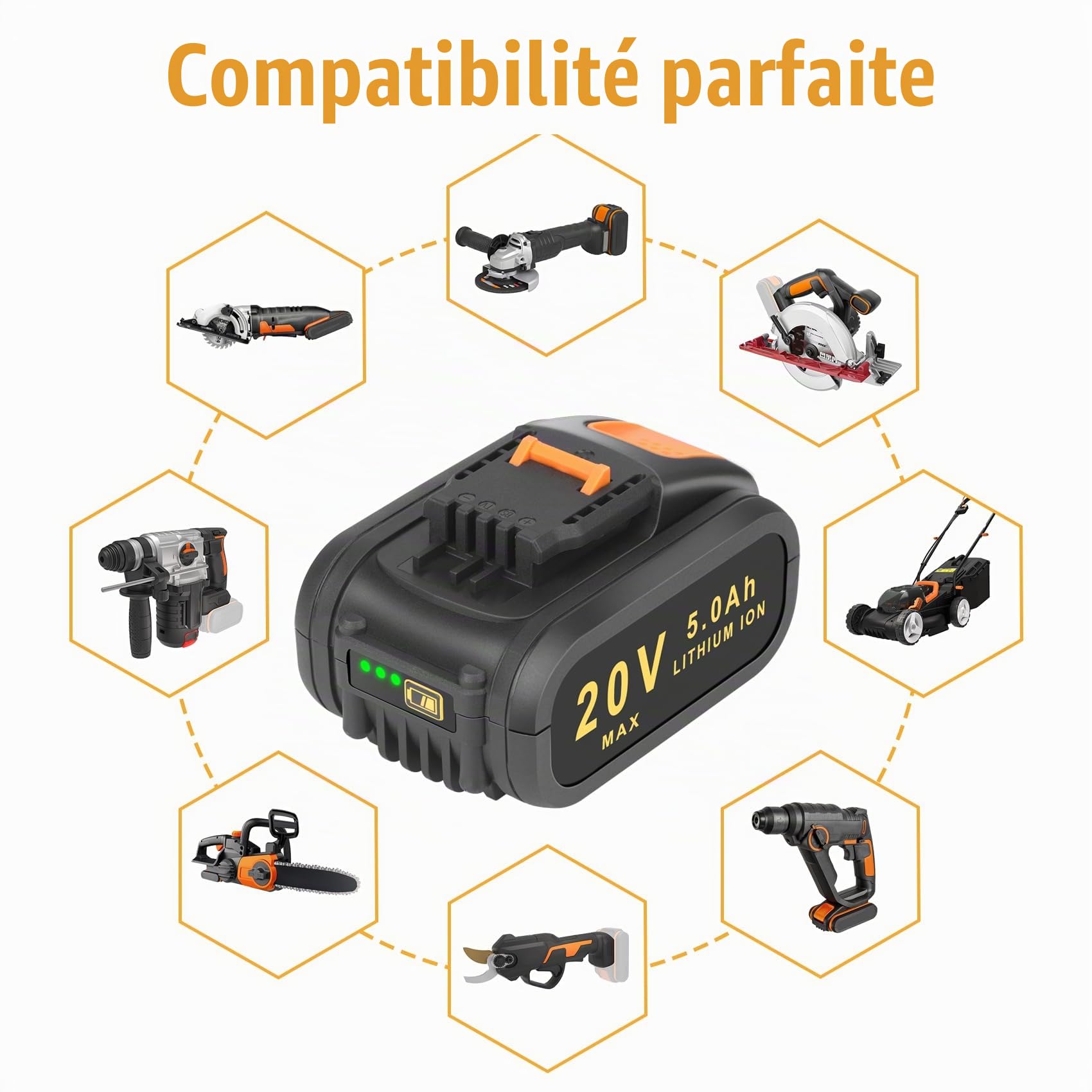 5.0Ah WA3553 Batterie de Remplacement pour Worx 20V Li-ION Batterie