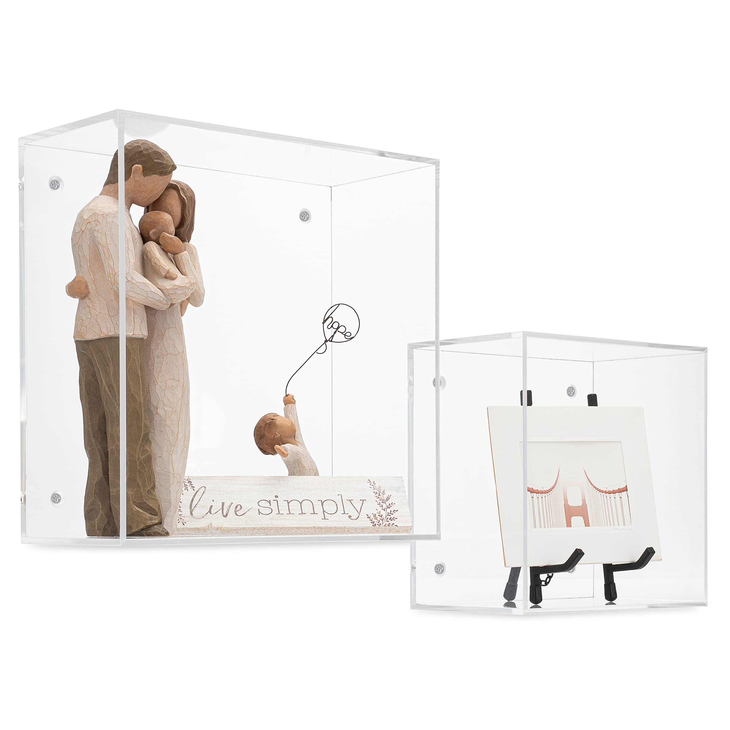 Photo 1 of SimplyImagine Floating Acrylic Cube Shelf - Set of 2 Square Hanging Wall Mount Display Storage Shelves for Photos, Toys, Books, Decorative, More