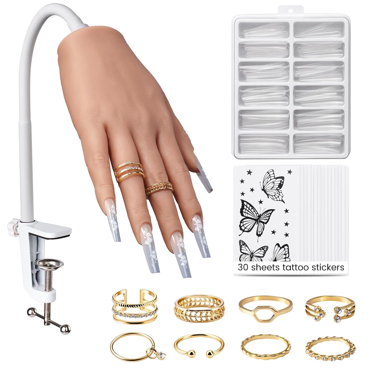 Practice Hand for Acrylic Nails: Silicone Nail Hand Practice with Gold Rings - Flexible Fake Hand Mannequin Nail Hand Kit for Beginners