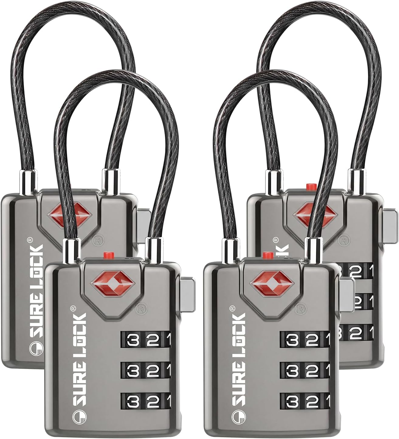 SURE LOCK TSA Approved Combination Luggage Locks with Open Alert Indicator – Durable Zinc Alloy Cable Travel Locks with Large Easy-Read Dials for Suitcases, Backpacks & Gym Bags(Grey 4 Pack)