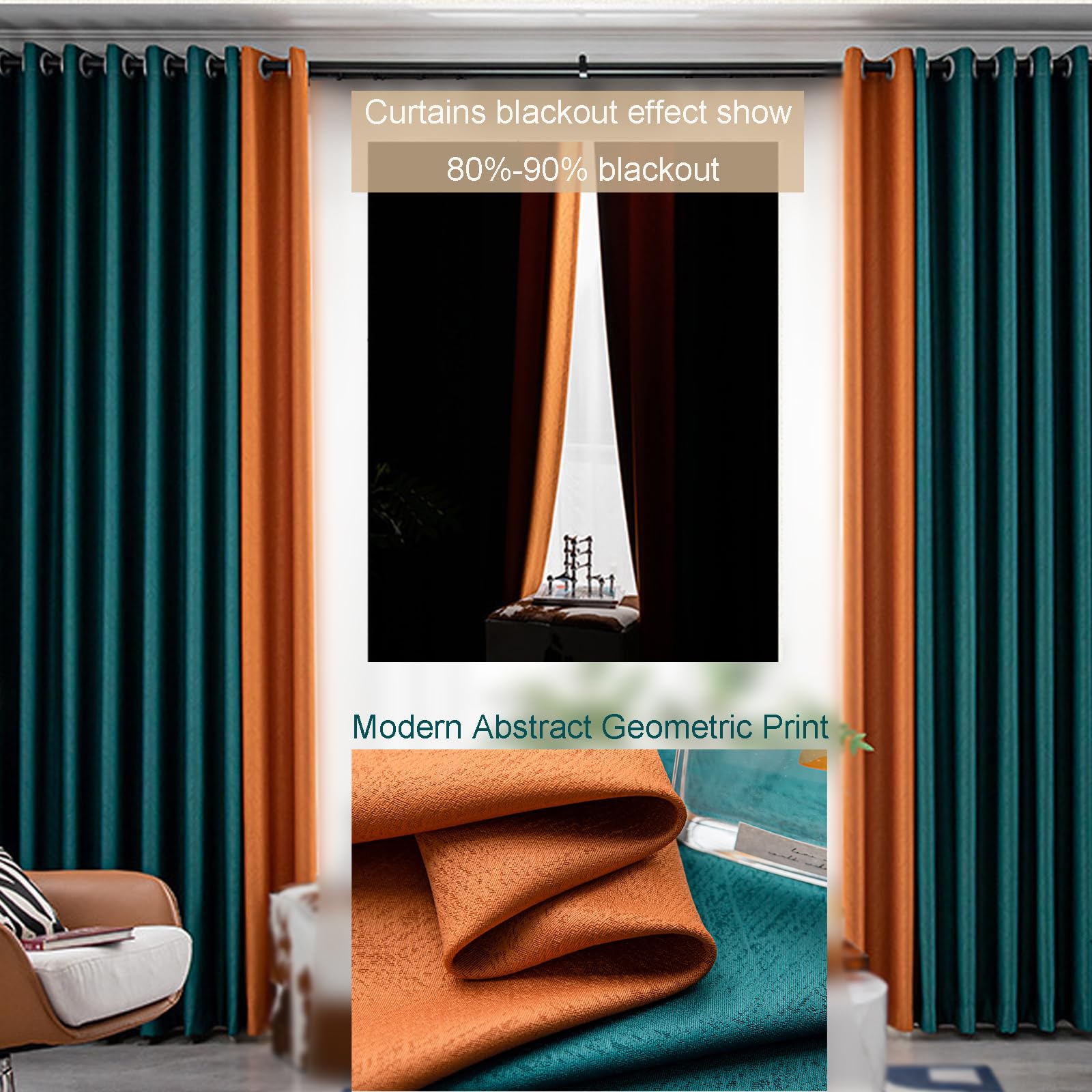 Rideau Occultant,Largeur 240 x Hauteur 260 cm (2 Pièces),Dark-Teal Orange, Blackout Curtains Rideaux et Draperies Thermiques pour Separation de Piece Salon Chambre Decoration
