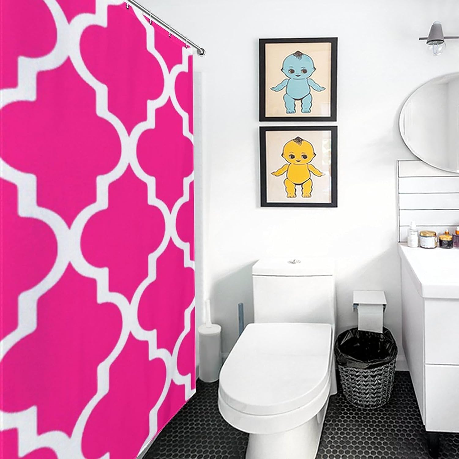 Shower Curtain Set, Hot Pink Quatrefoil Shower Curtain for Bathroom Decor, Luxury Standard Shower Curtain for Bathtub, Waterproof Washable Fabric Shower Curtain, 60 x 72