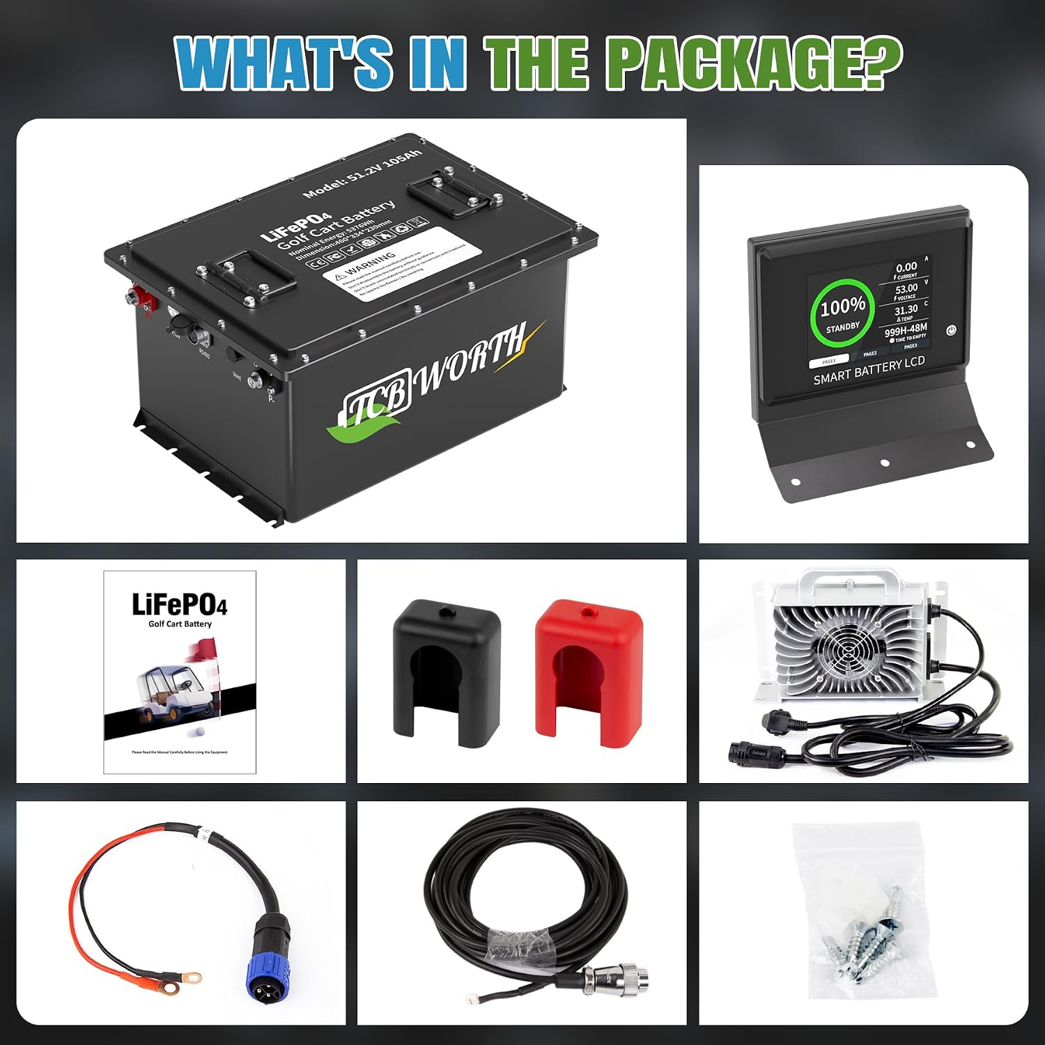 48V Lithium Battery Golf Cart 105Ah LiFPO4 Batteries, 4000+ Deep Cycle, Grade A Cells, with 200A Smart BMS, Touch Monitor & Mobile App, 20A charger, Perfect for Golf Carts, Boat, Solar
