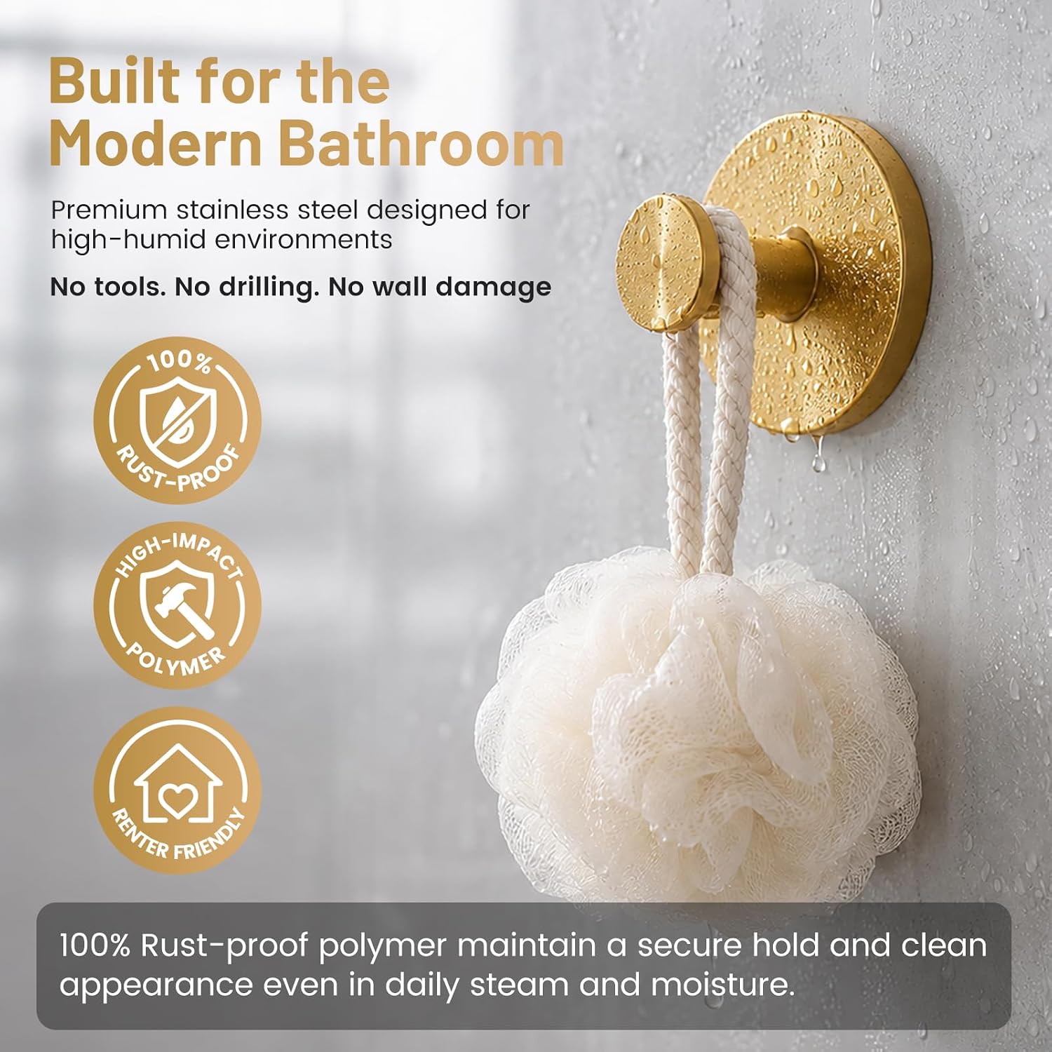 Upgraded Suction Cup Hooks for Shower, No-Drill Bathroom Hooks for Hanging Towels, Robes & Loofah - Mount on Kitchen Walls, Window, Glass, Mirror, Tile & Smooth Surfaces (2 Pack, Gold Tone)