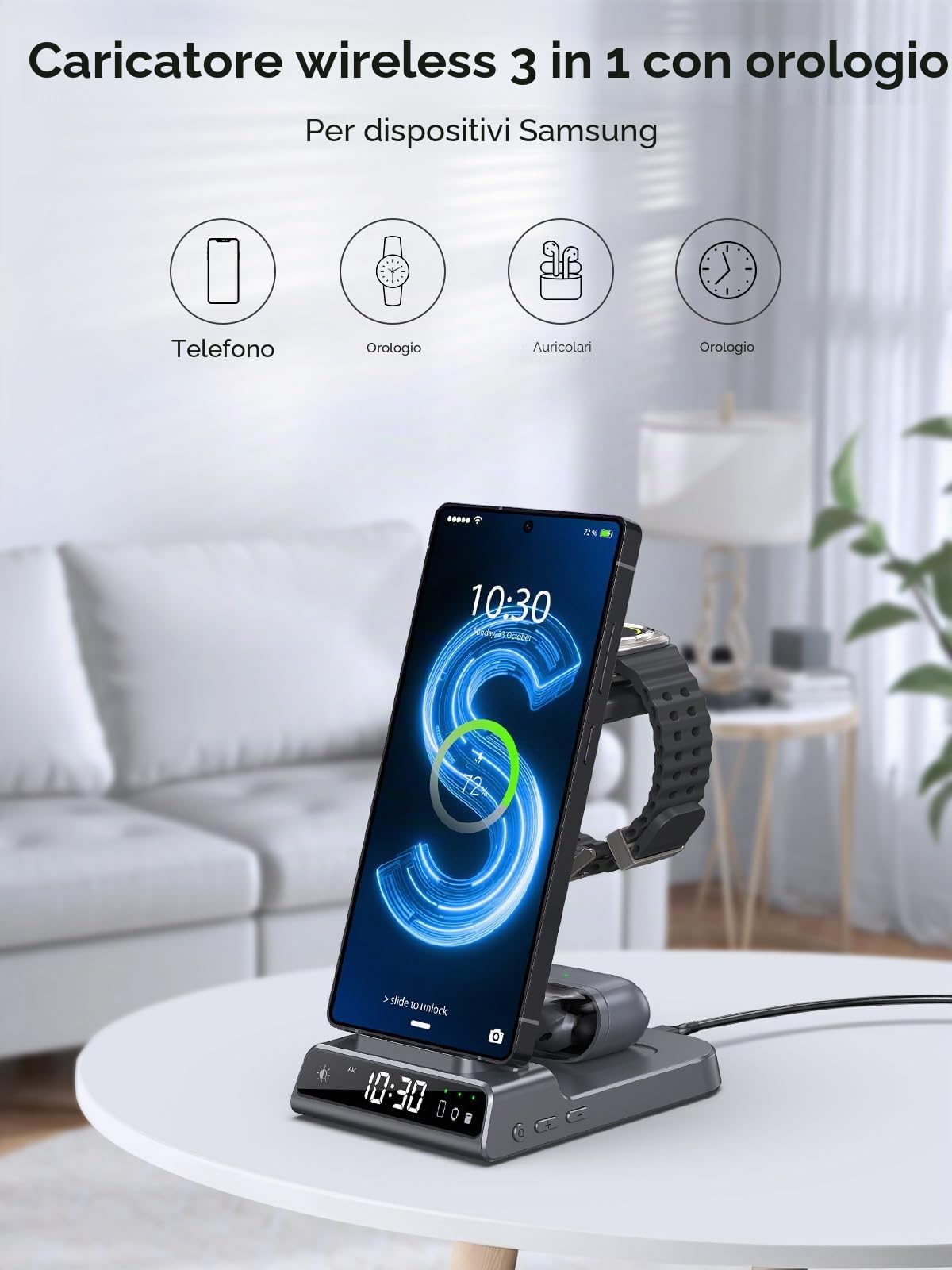 Stazione di ricarica wireless 3 in 1 per Samsung Galaxy S23 Ultra, supporto di ricarica compatibile con iPhone 14 Pro Max/Z Fold 4, caricabatterie per orologio per Galaxy Watch 5 Pro/4/3, Buds/Air-Pod