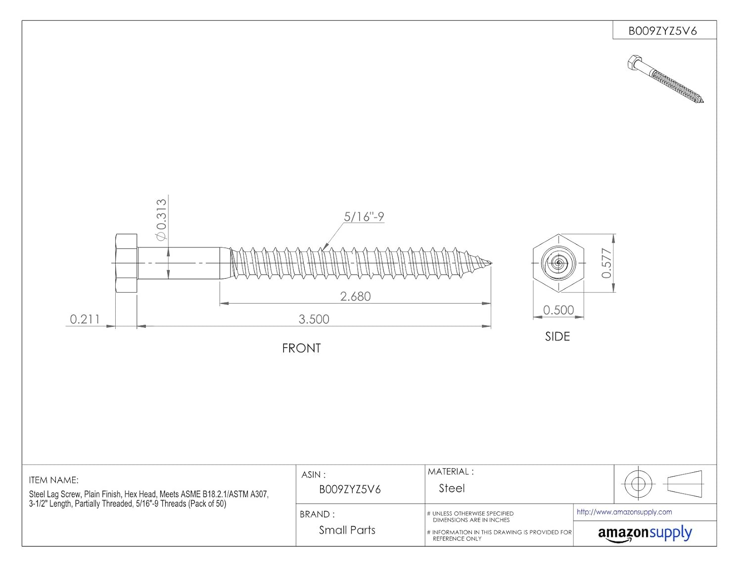Steel Lag Screw, Plain Finish, Hex Head, Meets ASME B18.2.1/ASTM A307, 3-1/2" Length, Partially Threaded, 5/16"-9 Threads (Pack of 50)